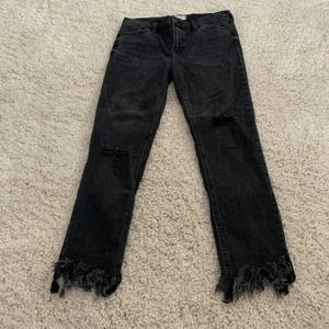 Free People Skinny Jeans Womens 28 Black Denim Distressed Fringe Hem 30x25